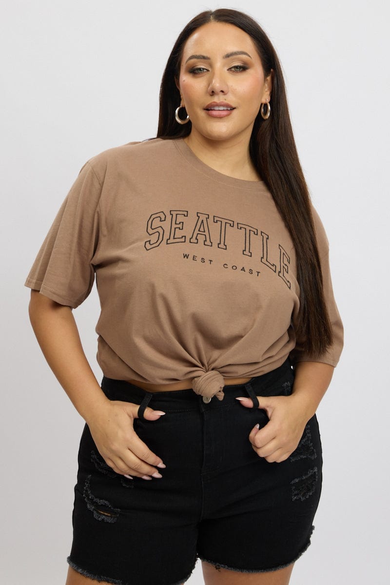 Brown Graphic Tee Short Sleeve Crew Neck for YouandAll Fashion