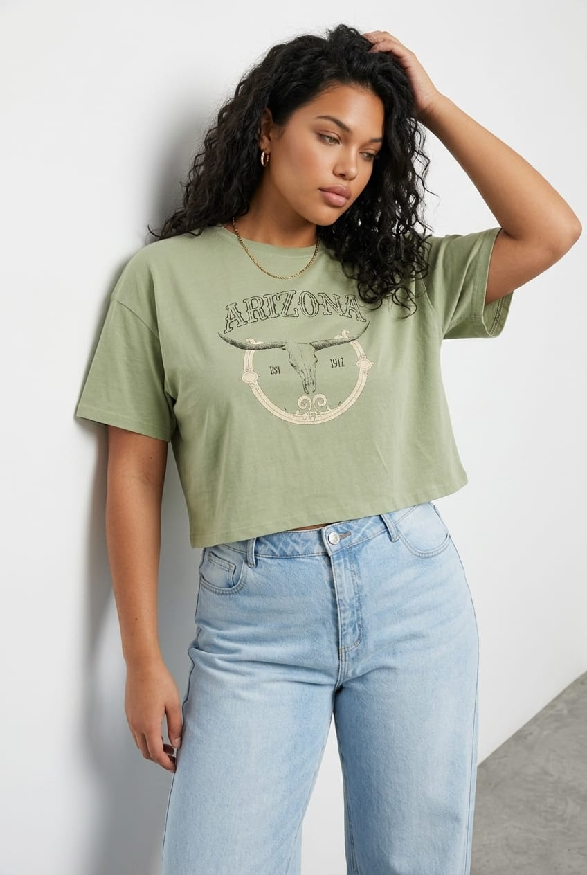 Green Graphic T-shirt Short Sleeve Arizona Western for YouandAll Fashion