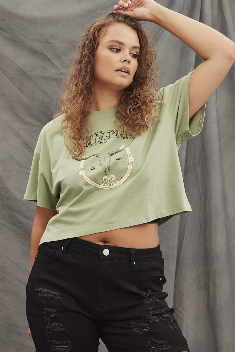 Green Graphic T-shirt Short Sleeve Arizona Western for YouandAll Fashion