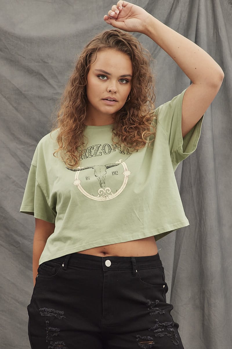 Green Graphic T-shirt Short Sleeve Arizona Western for YouandAll Fashion