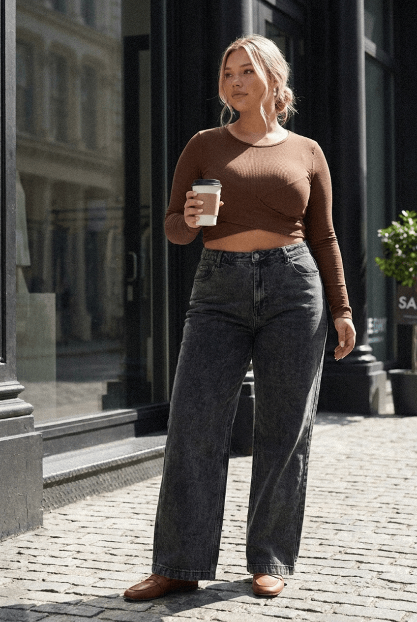 Brown Crop Top Crew Neck Long Sleeve Cross Front