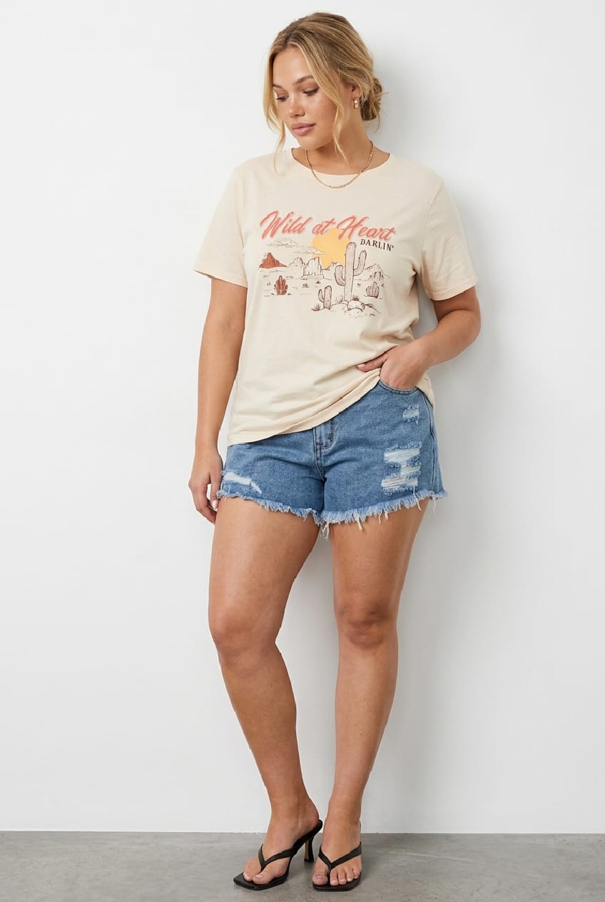 Beige Graphic T-shirt Short Sleeve Crew Neck