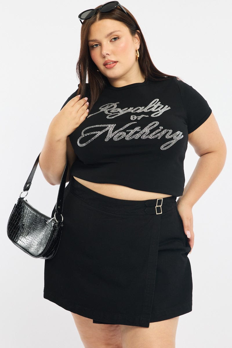Black Graphic Tee Short Sleeve Rhinestone for YouandAll Fashion