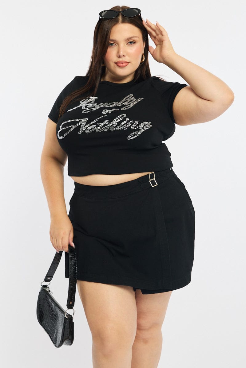 Black Graphic Tee Short Sleeve Rhinestone for YouandAll Fashion