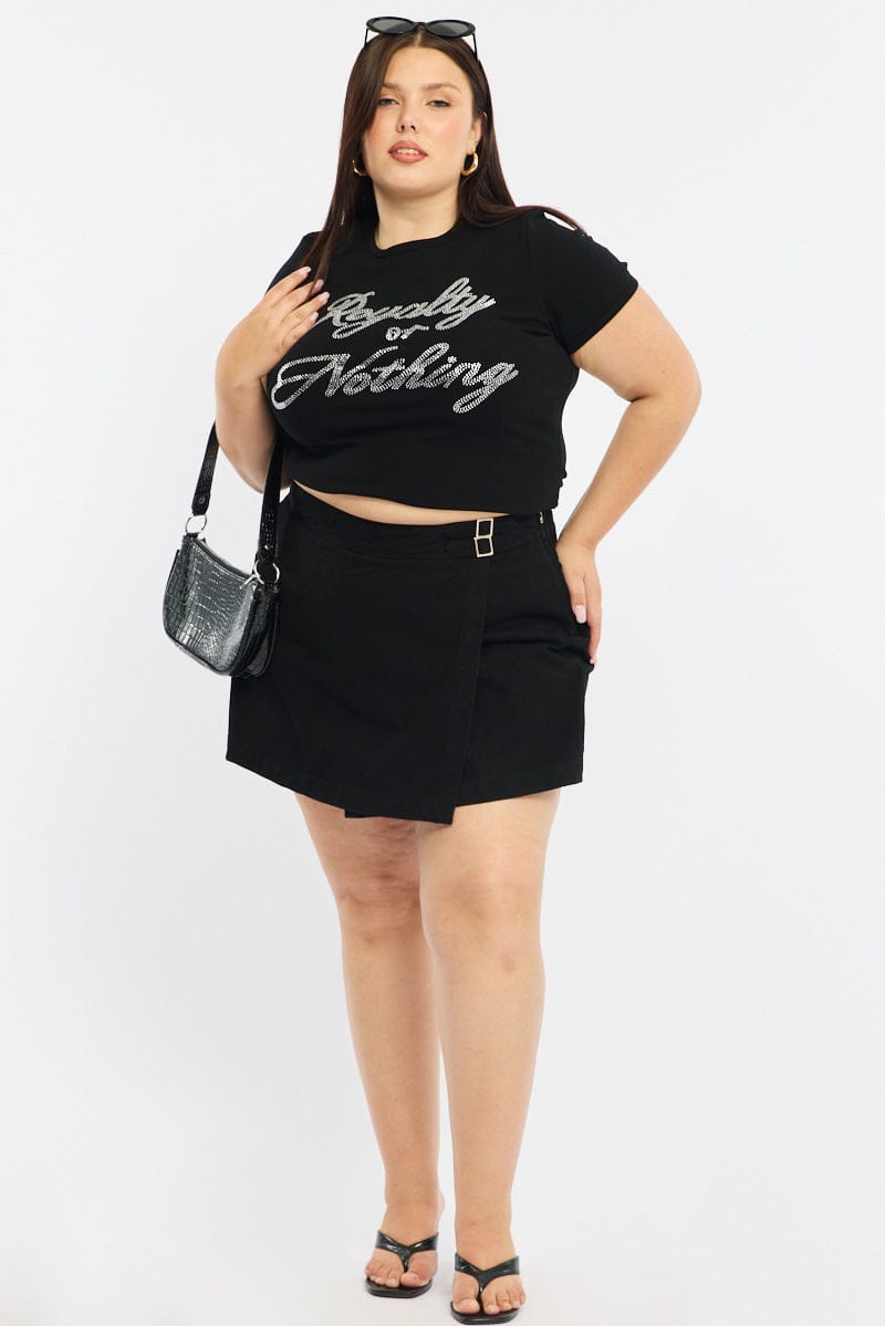 Black Graphic Tee Short Sleeve Rhinestone for YouandAll Fashion
