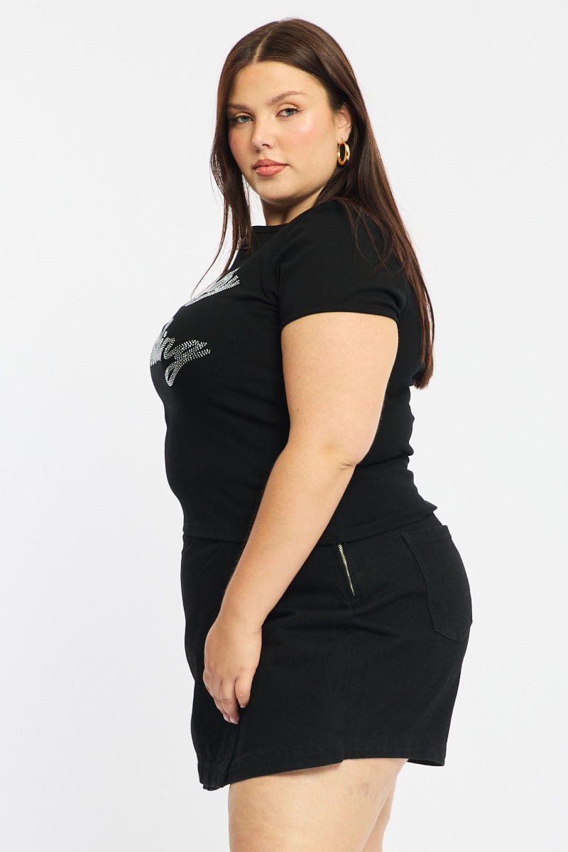 Black Graphic Tee Short Sleeve Rhinestone for YouandAll Fashion
