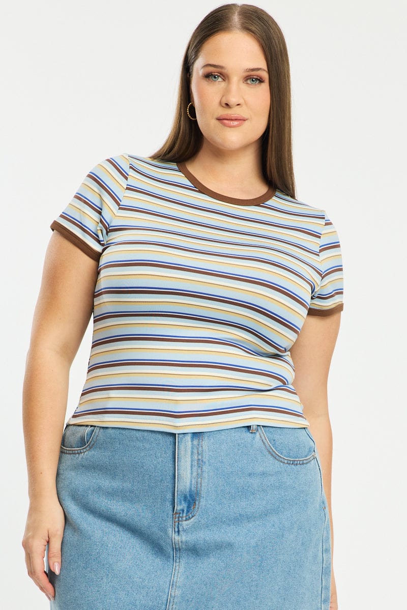 Blue Stripe Ringer Tee Short Sleeve for YouandAll Fashion