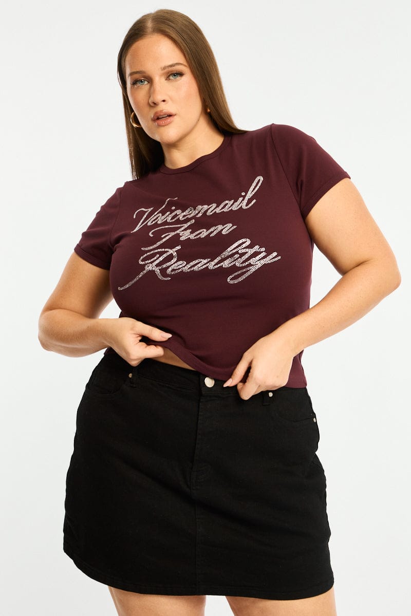 Red Graphic Tee Short Sleeve Rhinestone for YouandAll Fashion