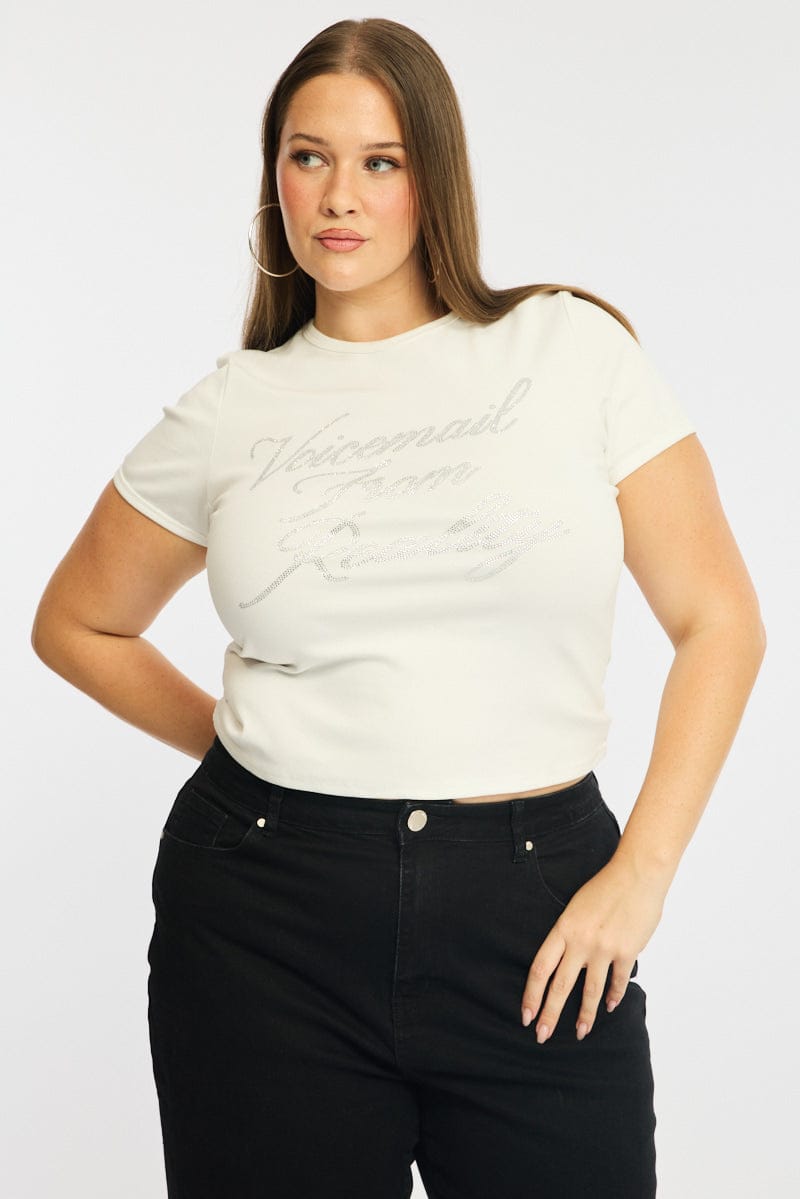 White Graphic Tee Short Sleeve Rhinestone for YouandAll Fashion