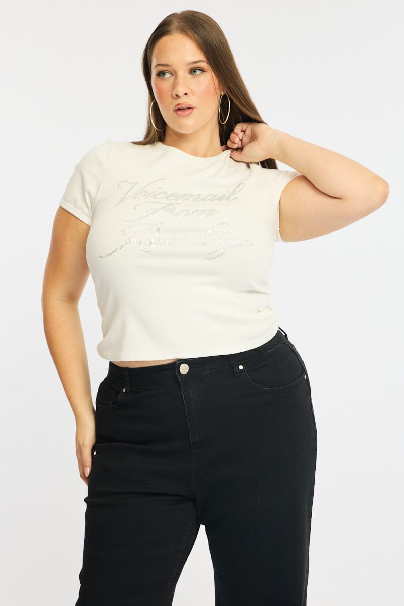 White Graphic Tee Short Sleeve Rhinestone for YouandAll Fashion