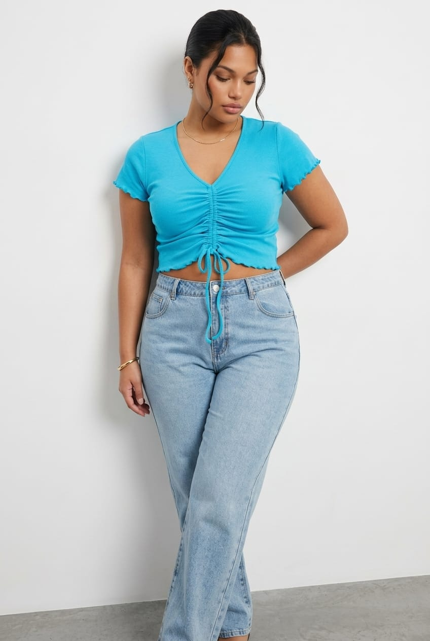 Blue Ruched Top Short Sleeve for YouandAll Fashion