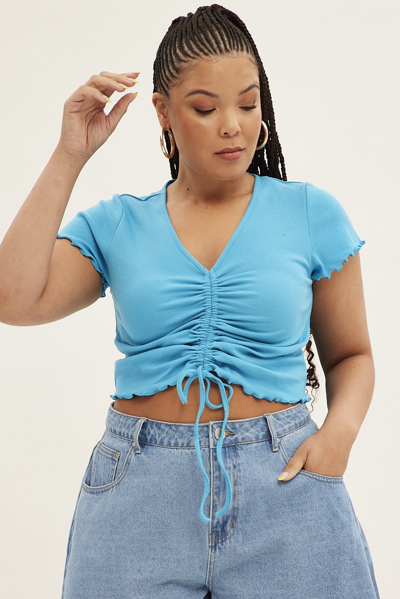 Blue Ruched Top Short Sleeve for YouandAll Fashion