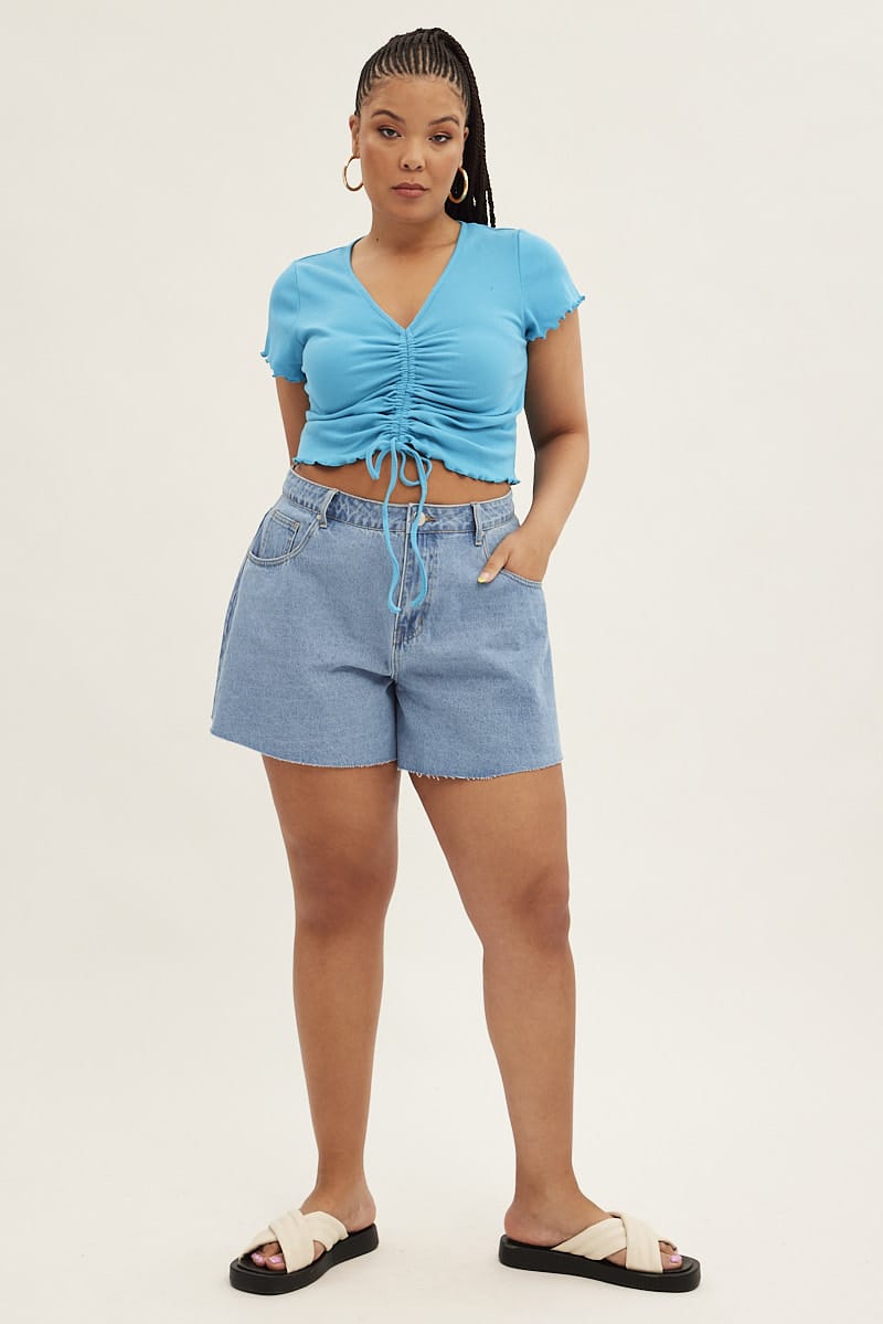 Blue Ruched Top Short Sleeve for YouandAll Fashion