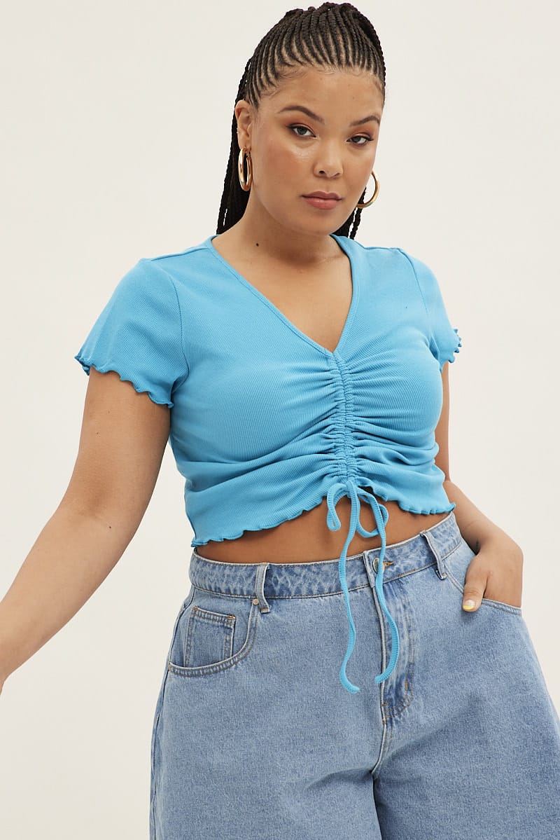 Blue Ruched Top Short Sleeve for YouandAll Fashion