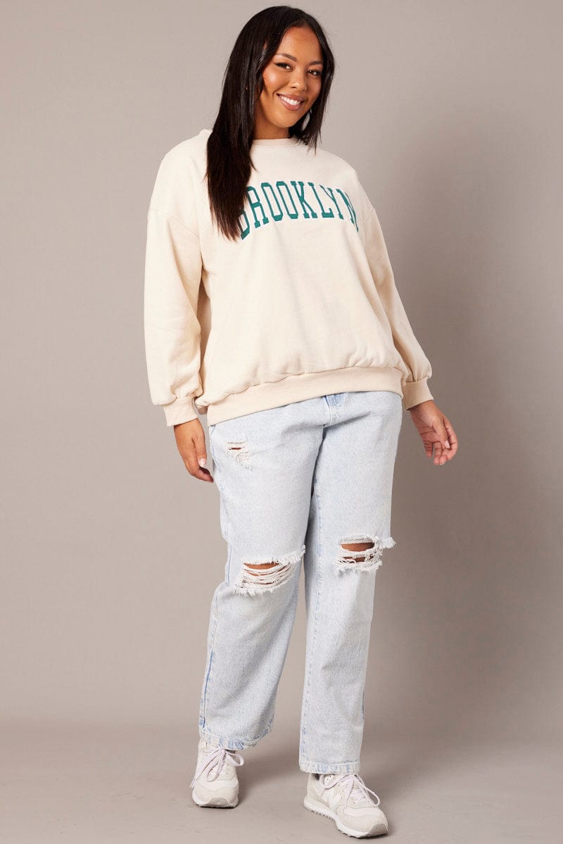 Beige Oversized Sweater Long Sleeve Crew Neck for YouandAll Fashion