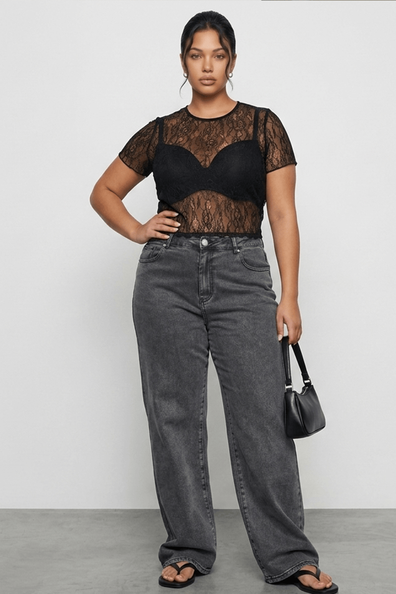 Black Top Short Sleeve Crew Neck Lace for YouandAll Fashion