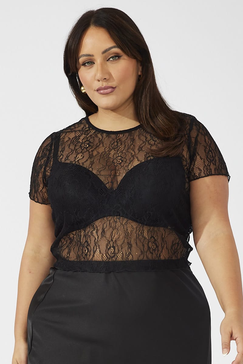 Black Top Short Sleeve Crew Neck Lace for YouandAll Fashion