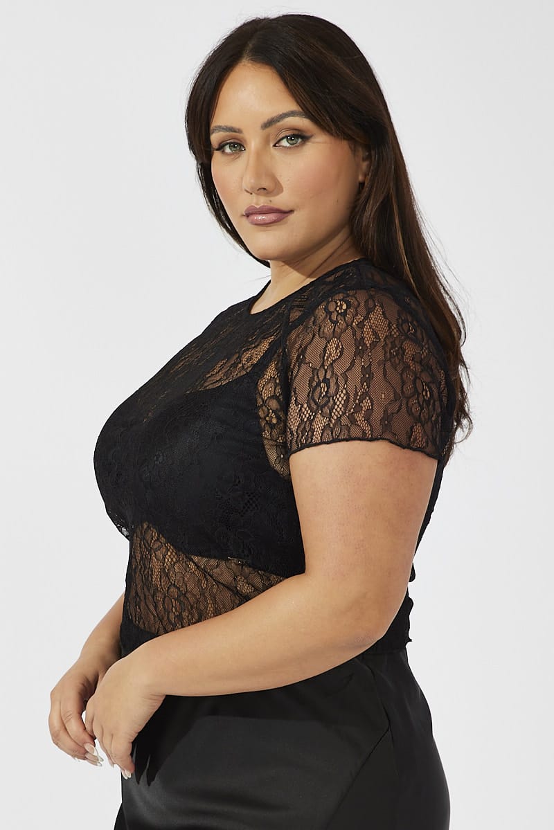 Black Top Short Sleeve Crew Neck Lace for YouandAll Fashion