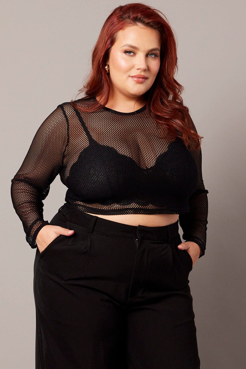 Black Mesh Top Long Sleeve Crew Neck You All