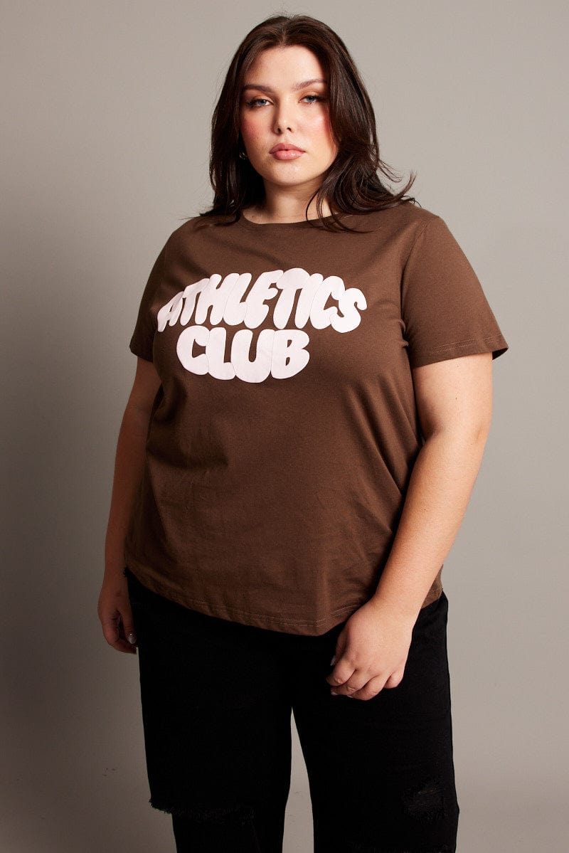 Brown Graphic T Shirt Short Sleeve Crew Neck for YouandAll Fashion