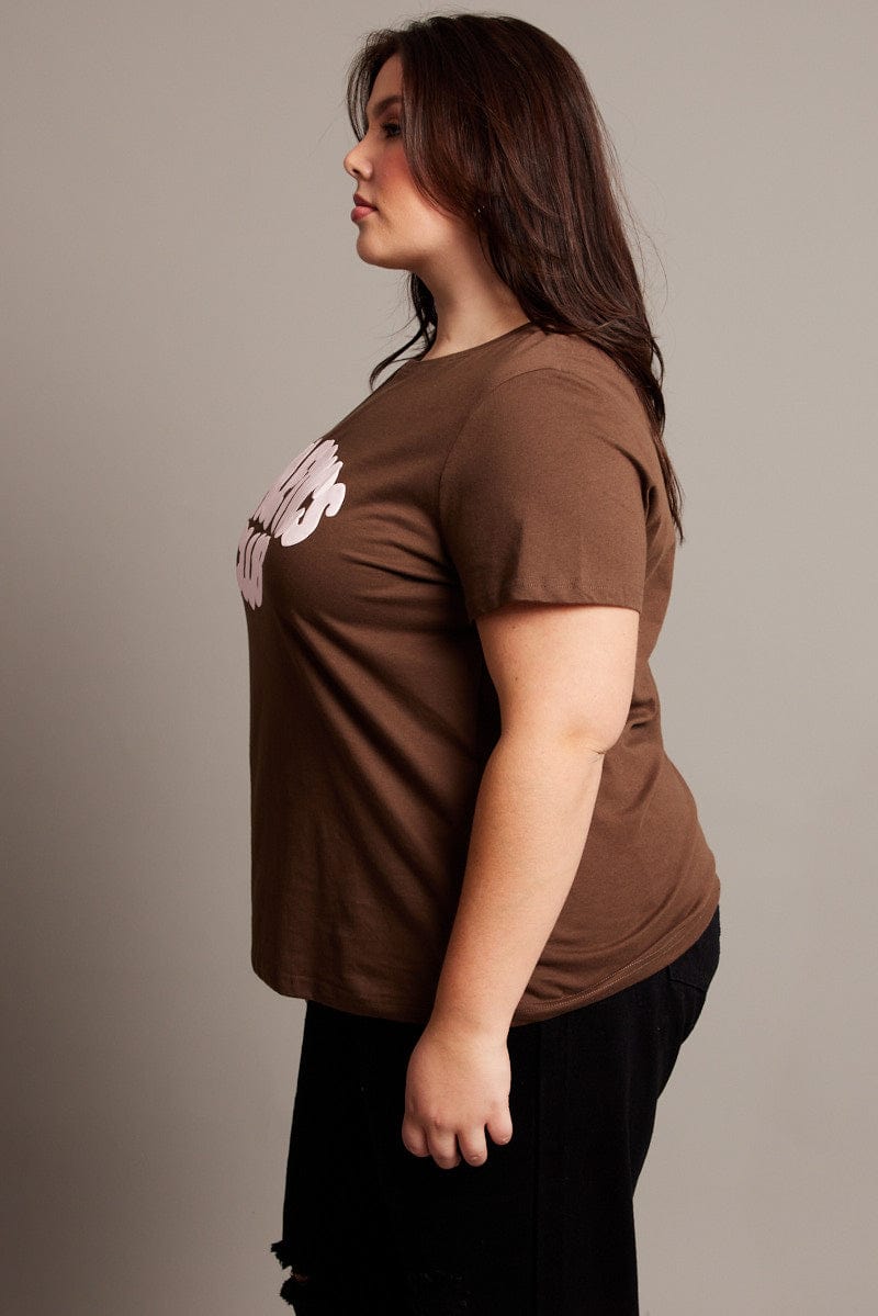 Brown Graphic T Shirt Short Sleeve Crew Neck for YouandAll Fashion