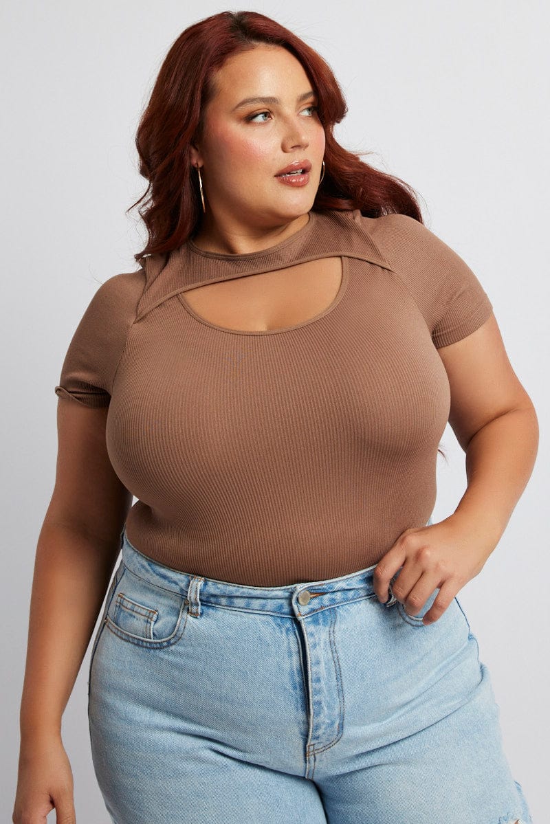 Brown Bodysuit Cut Out Short Sleeve Crew Neck Seamless for YouandAll Fashion