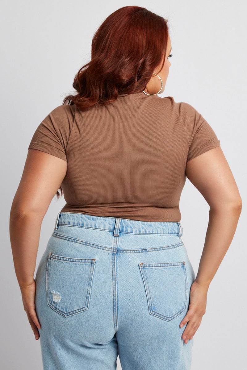 Brown Bodysuit Cut Out Short Sleeve Crew Neck Seamless for YouandAll Fashion