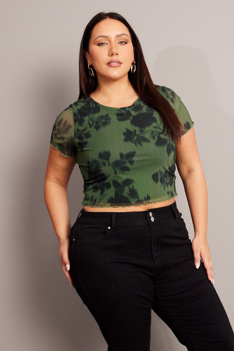 Green Floral Mesh Top Short Sleeve Crew Neck for YouandAll Fashion