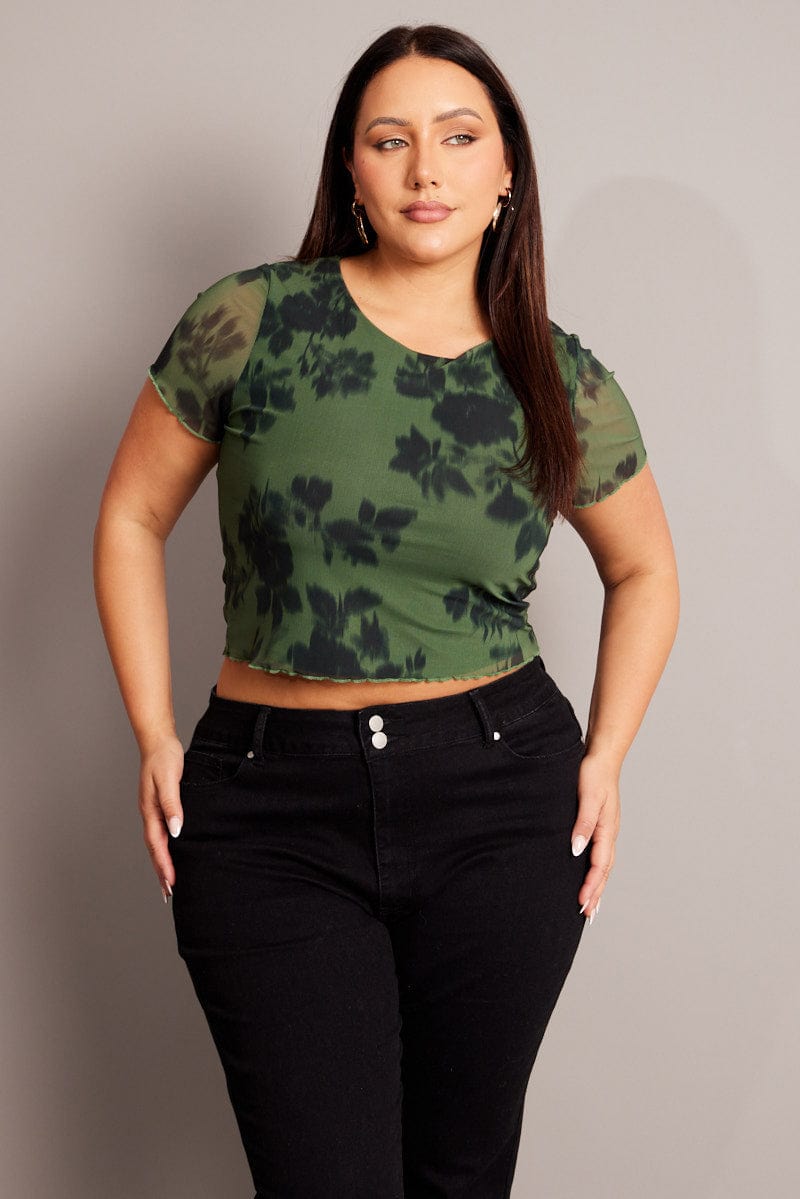 Green Floral Mesh Top Short Sleeve Crew Neck for YouandAll Fashion