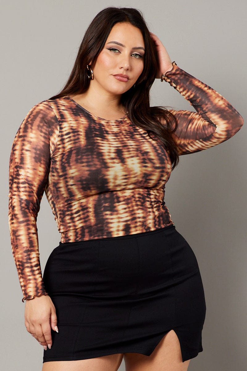Brown Abstract Mesh Top Long Sleeve Round Neck | You & All