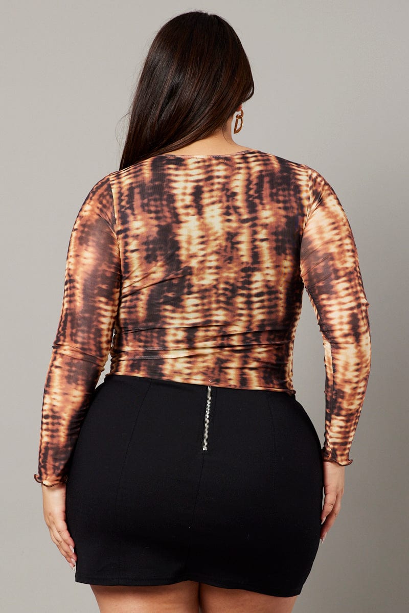 Brown Abstract Mesh Top Long Sleeve Round Neck for YouandAll Fashion