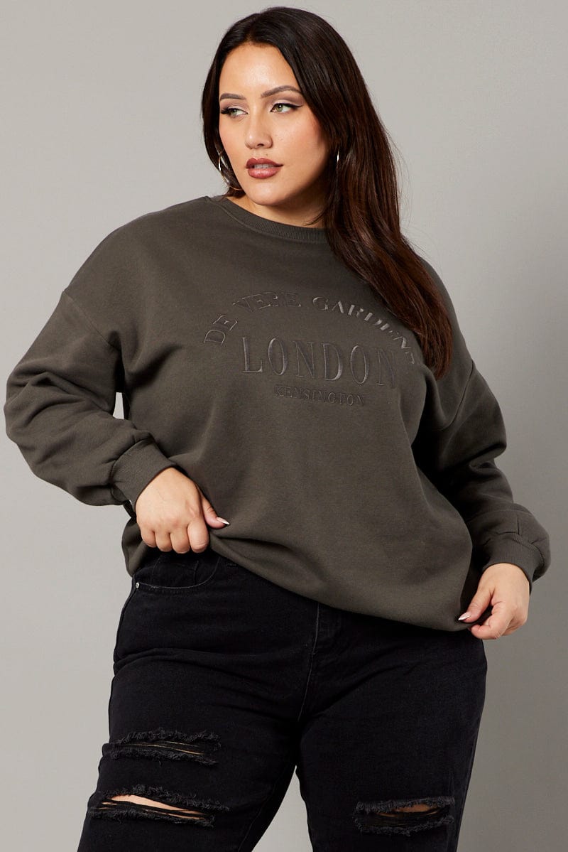 Grey Oversized Sweater Long Sleeve Crew Neck Embroidery for YouandAll Fashion