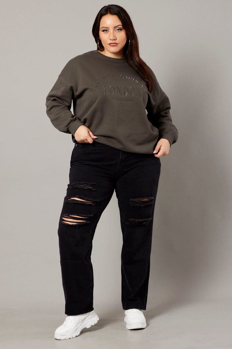 Grey Oversized Sweater Long Sleeve Crew Neck Embroidery for YouandAll Fashion