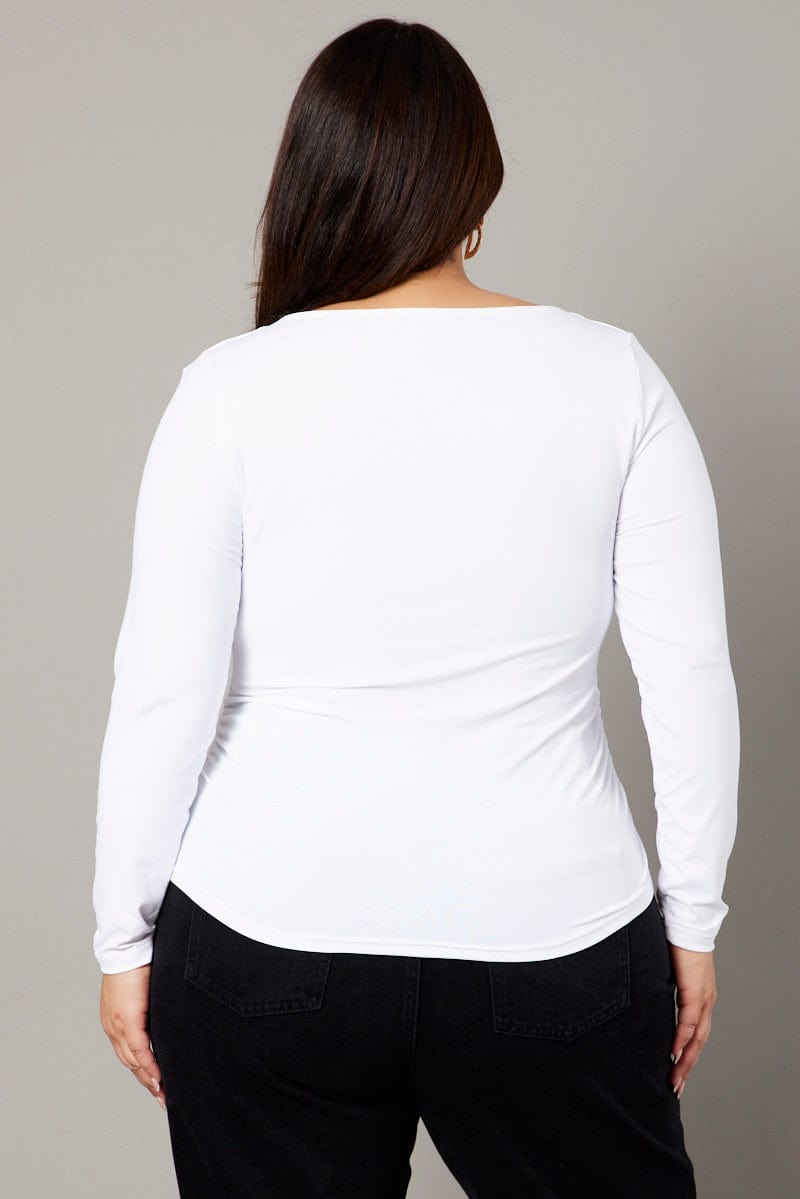 White Top Long Sleeve Scoop Neck Side Ruched Supersoft for YouandAll Fashion