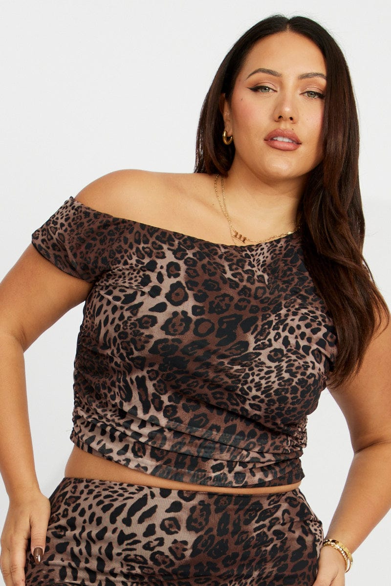 Brown Animal Print One Shoulder Top Short Sleeve Mesh for YouandAll Fashion