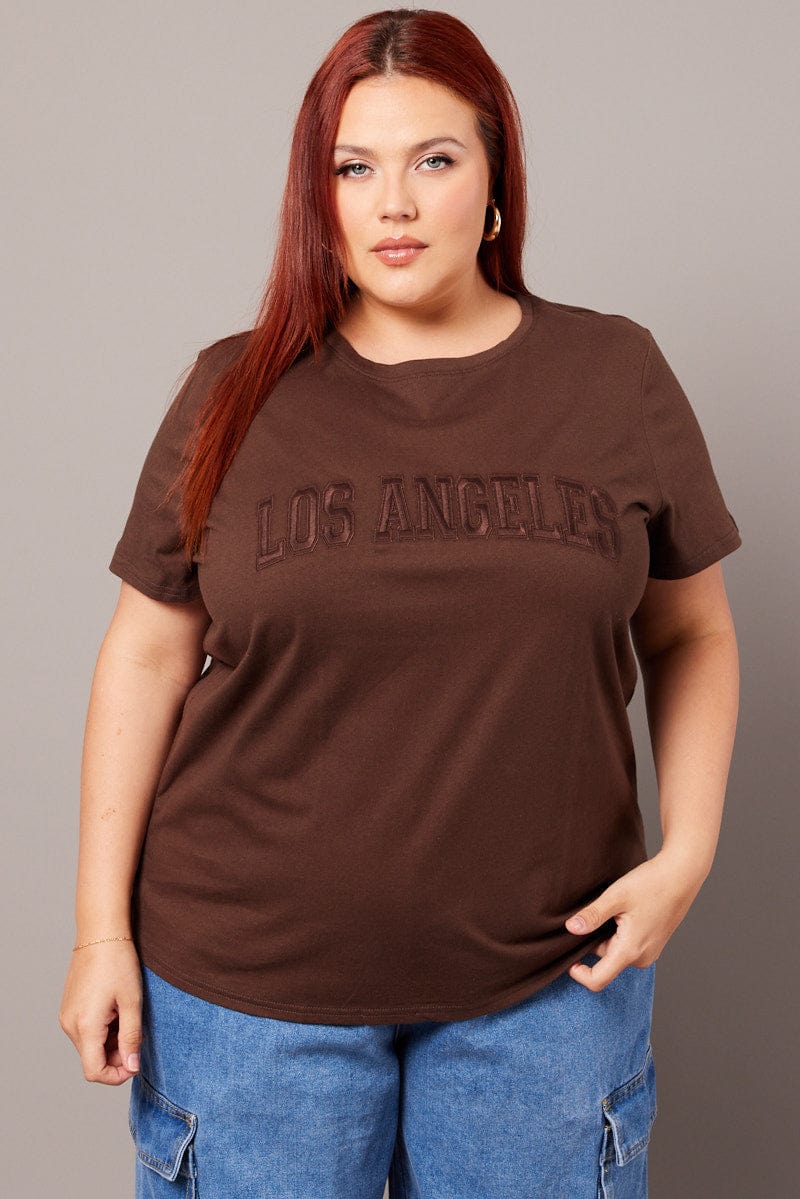 Brown Graphic T shirt Short Sleeve Crew Neck for YouandAll Fashion