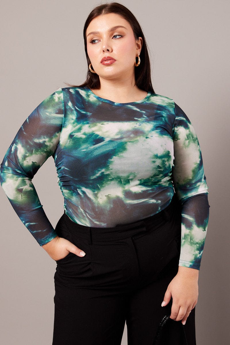 Green Abstract Mesh Top Long Sleeve Crew Neck | You & All