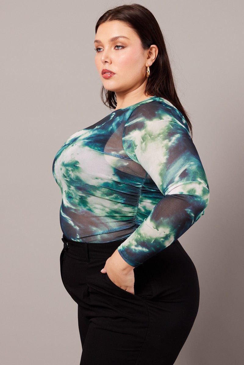 Green Abstract Mesh Top Long Sleeve Crew Neck | You & All