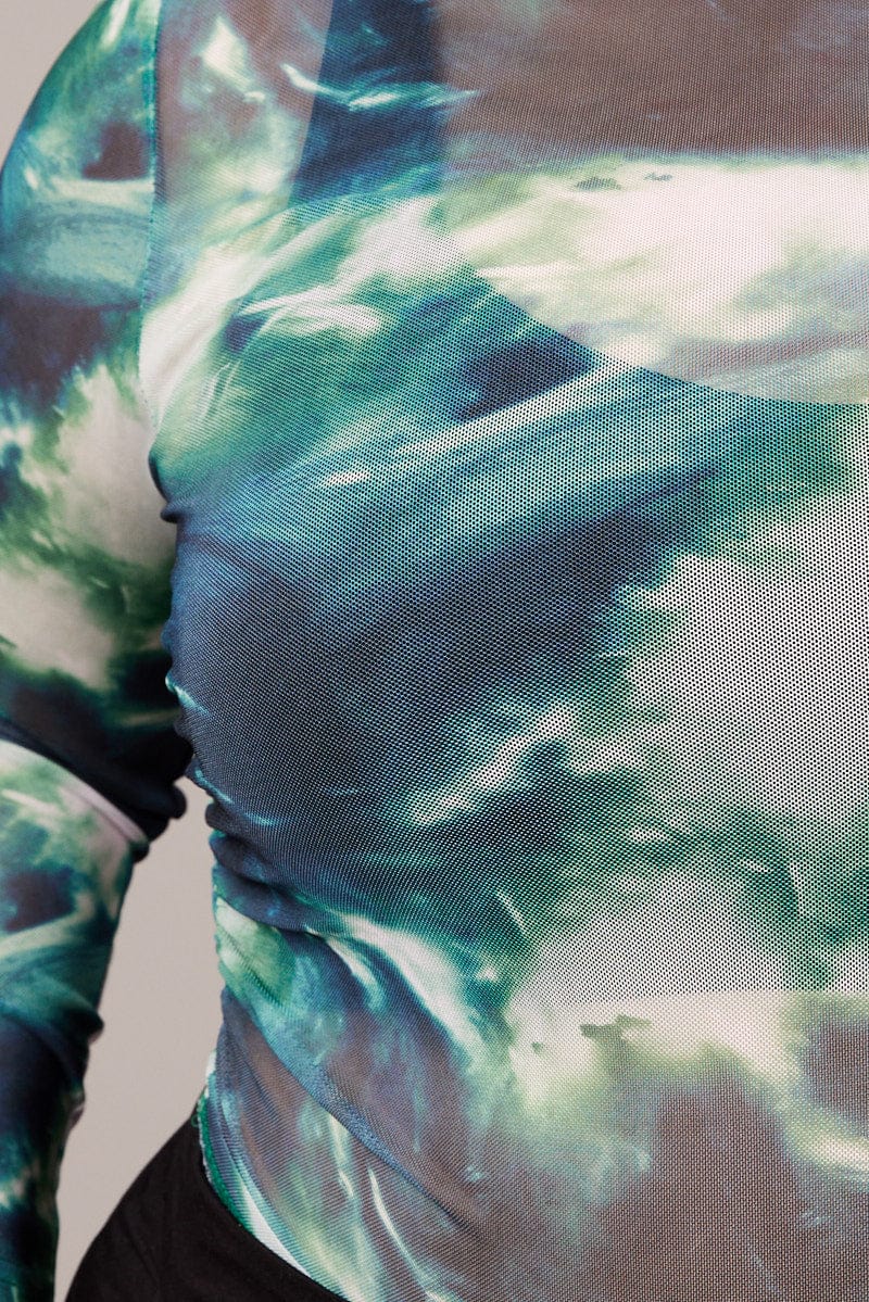 Green Abstract Mesh Top Long Sleeve Crew Neck | You & All