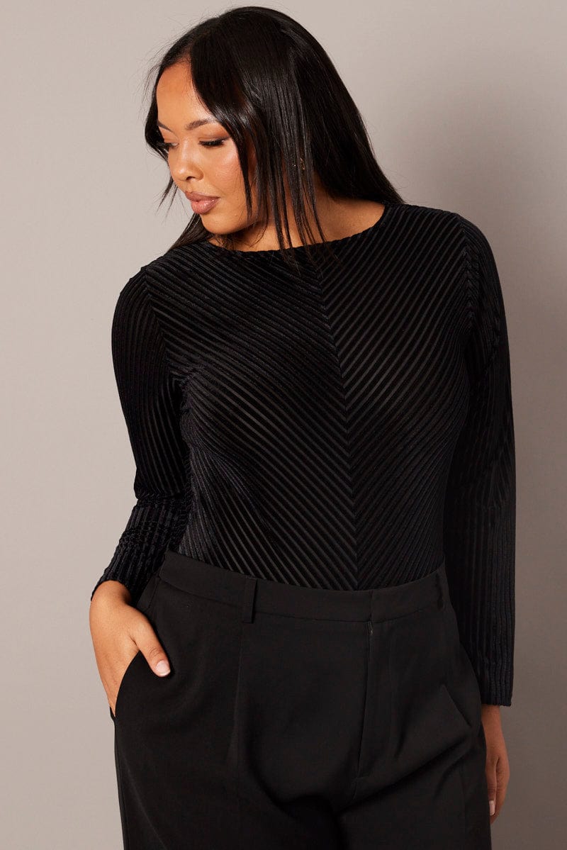 Black Bodysuit Long Sleeve Crew Neck Stripe for YouandAll Fashion
