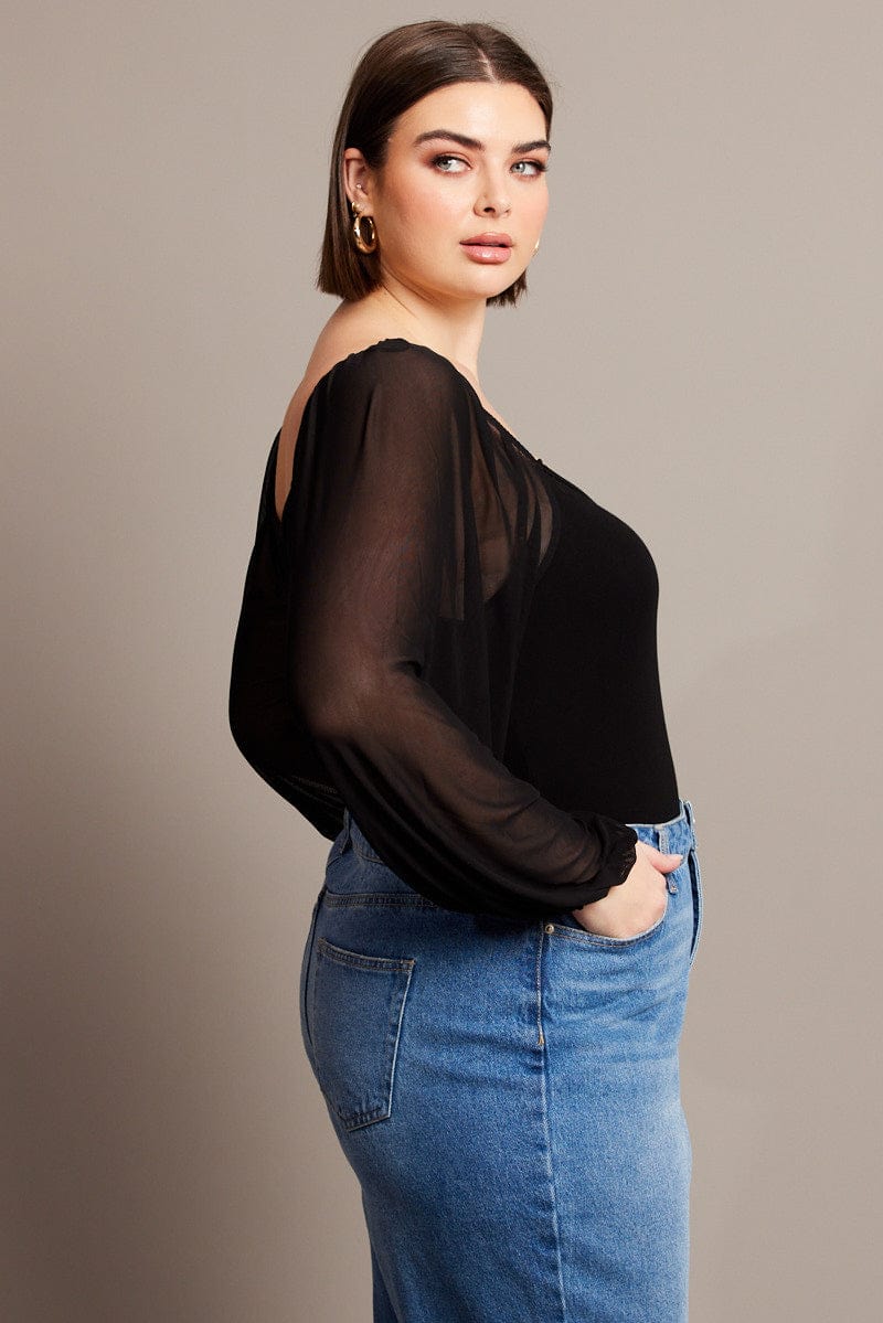 Black Bodysuit Long Sleeve Sweetheart Neckline for YouandAll Fashion