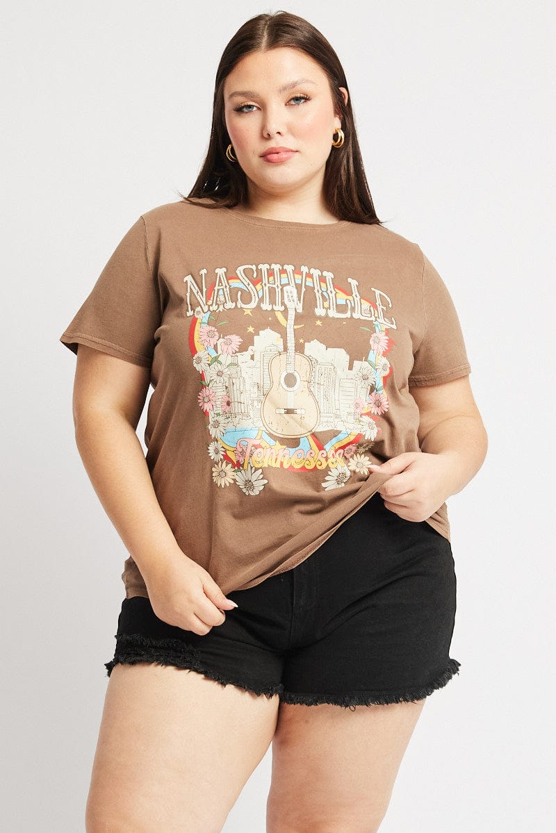 Brown Graphic T Shirt Short Sleeve Crew Neck for YouandAll Fashion