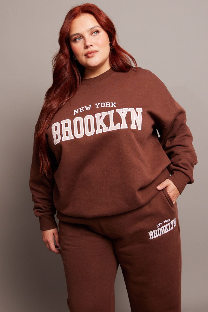 Brown Oversized Sweater Long Sleeve Crew Neck for YouandAll Fashion