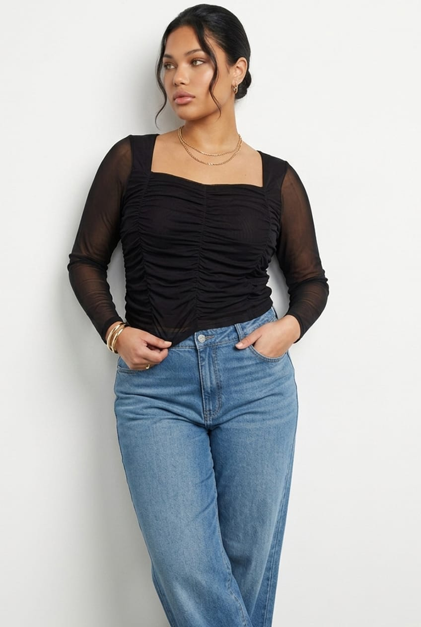 Black Mesh Top Long Sleeve Square Neck Ruched for YouandAll Fashion