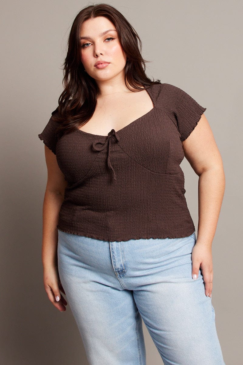 Brown Textured Top Short Sleeve for YouandAll Fashion