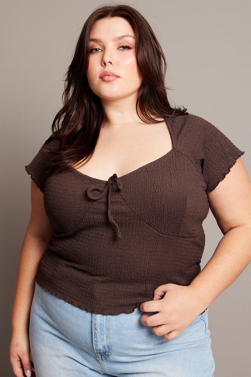 Brown Textured Top Short Sleeve for YouandAll Fashion