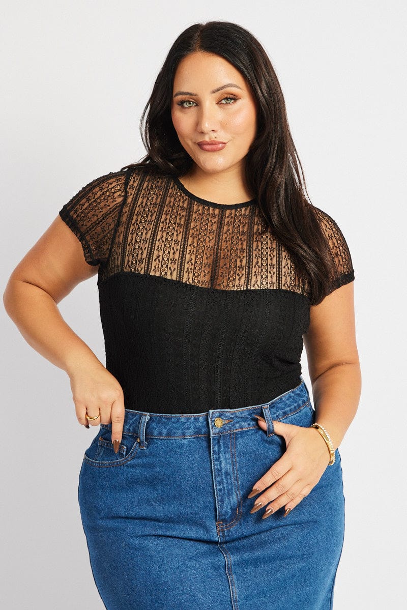 Black Bodysuit Short Sleeve Crew Neck Lace for YouandAll Fashion