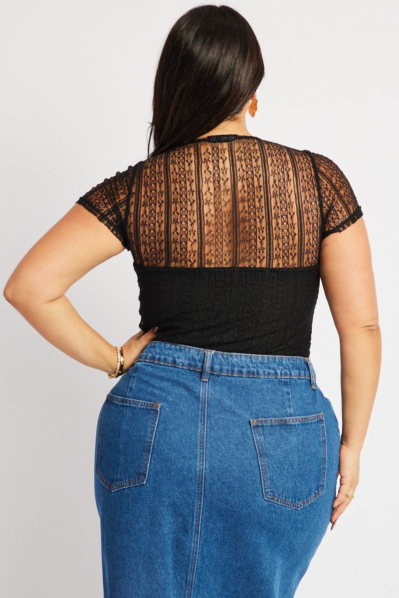 Black Bodysuit Short Sleeve Crew Neck Lace for YouandAll Fashion