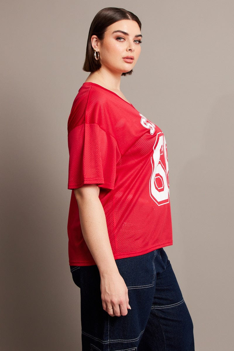 Red Graphic T Shirt Short Sleeve V Neck Oversized for YouandAll Fashion