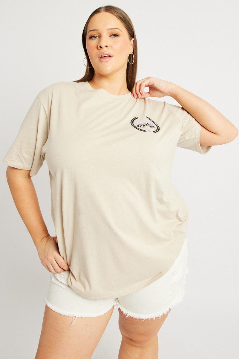 Beige Graphic T-shirt Short Sleeve Crew Neck for YouandAll Fashion